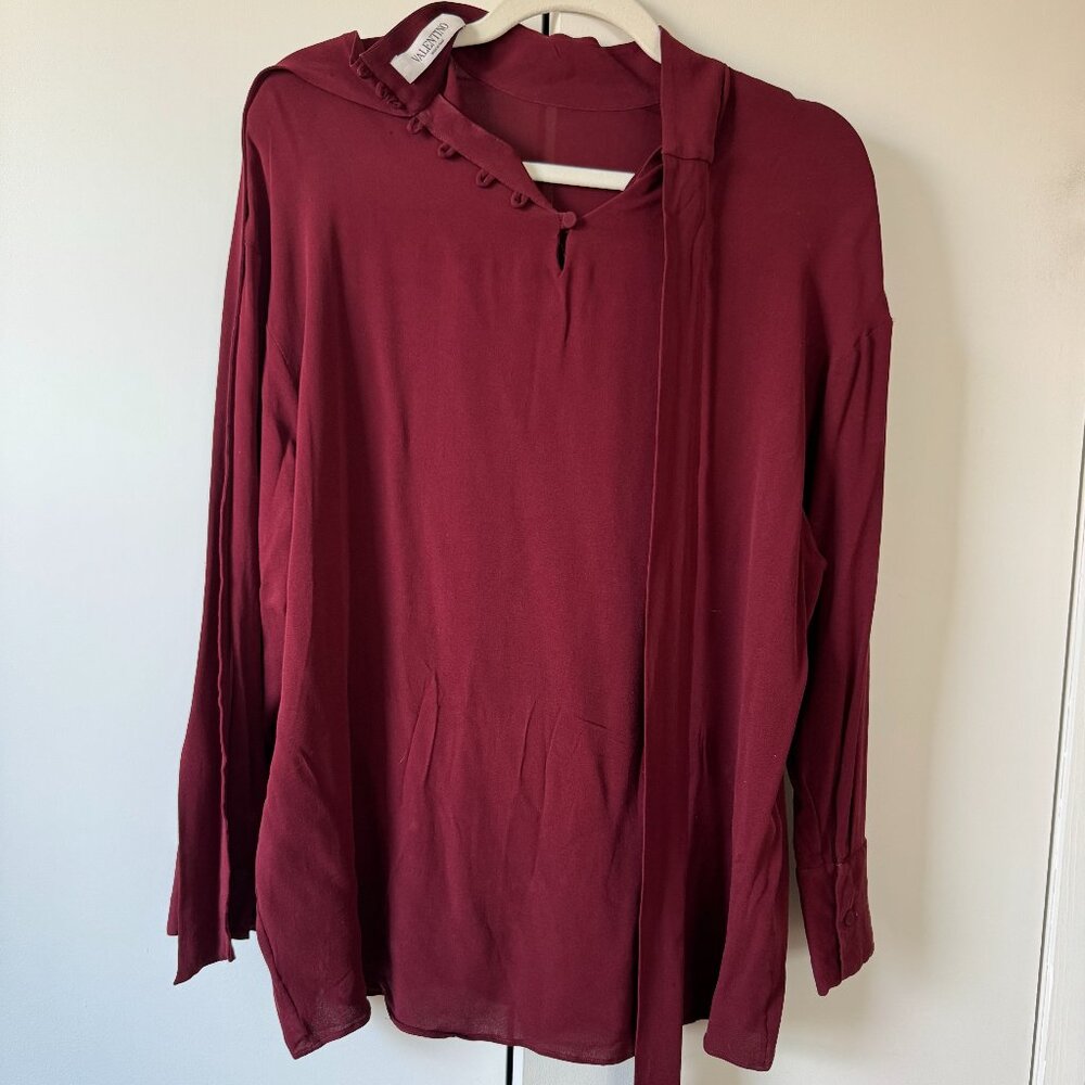 Valentino Burgundy Silk Blouse with Neck Tie – Long Sleeve
